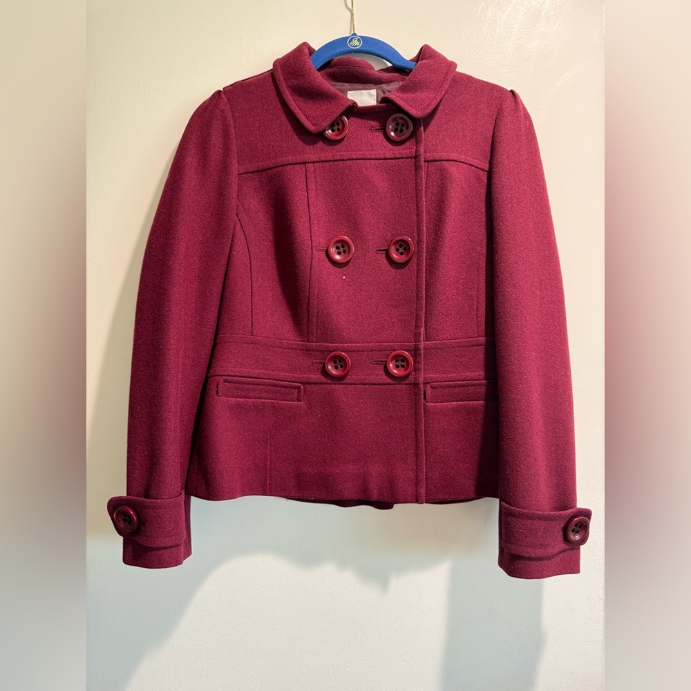 Halogen Burgundy Double-Breasted Pea Coat